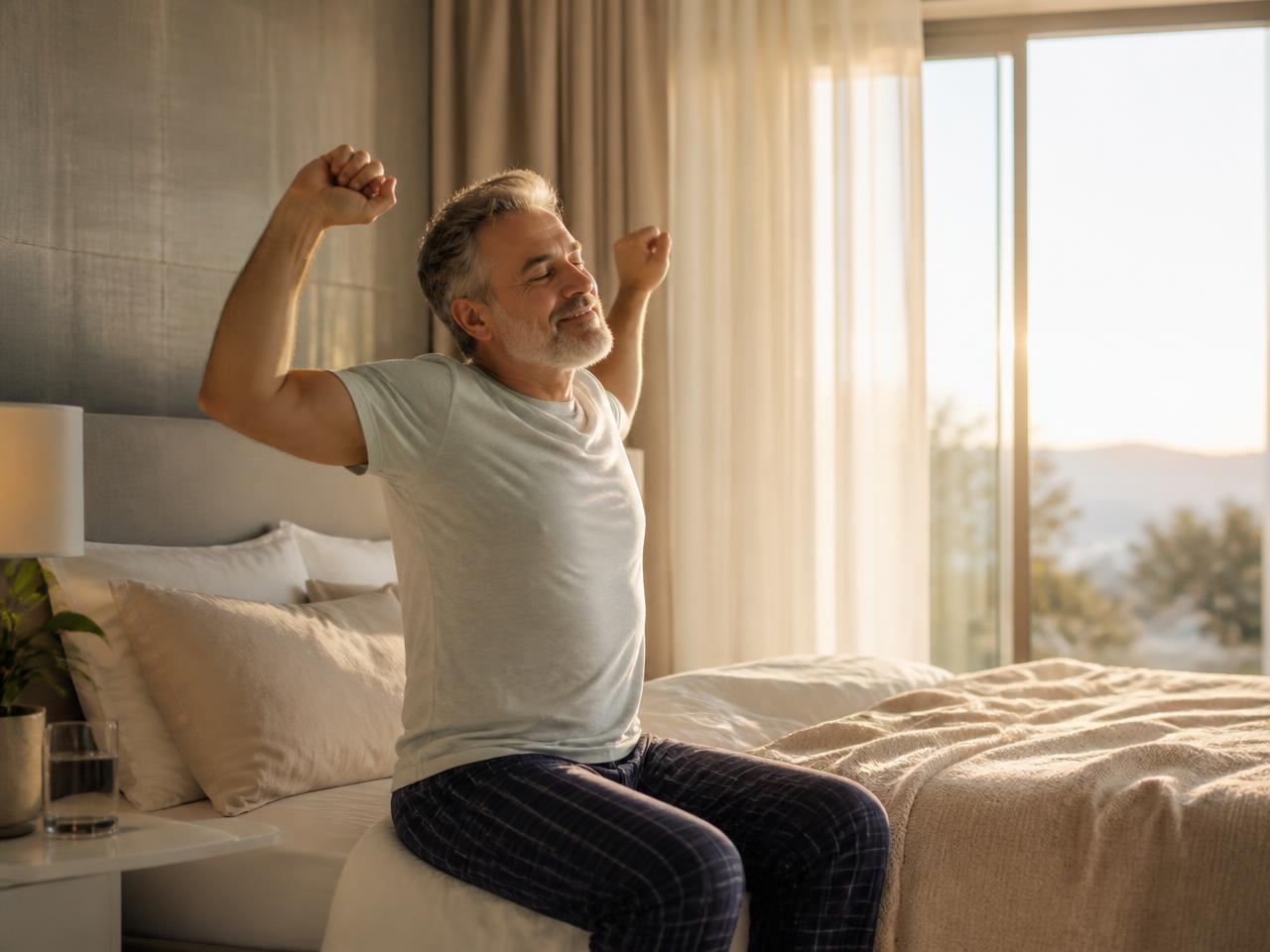 Man waking up rested at sunrise after full nights of sleep